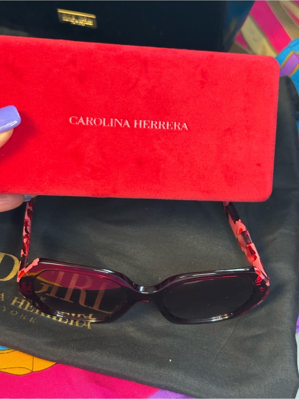 Carolina Herrera AuthenticDesigner  Bundle – Velvet Tote, Sunglasses, Case & Dus - Picture 9 of 12